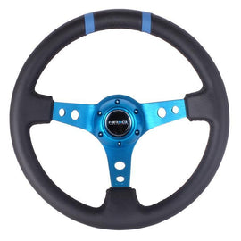 NRG RACE STYLE- 350mm Suede Sport Steering Wheel  (3" Deep) New Blue w/ New Blue Double Center Marking