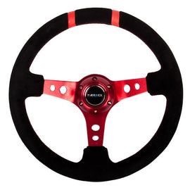 NRG RACE STYLE- 350mm Suede Sport Steering Wheel (3" Deep) Red w/ Red Double Center Marking