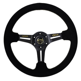 NRG 350mm Premium Suede Deep Dish 3" Steering wheel. Gold Stitching, Brush Reinforced Aluminum Spokes, Ryan Litteral Signature and Horn Button