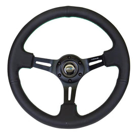 NRG Black Leather Steering Wheel (3" Deep), 350mm, 3 spoke center in Black w/ Green Stitch
