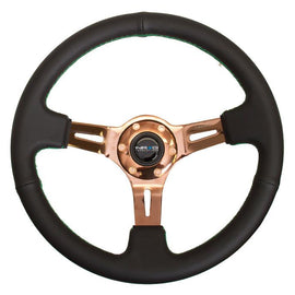 NRG Black Suede Steering Wheel (3" Deep), 350mm, 3 spoke center in Rose Gold w/ Green Stitch