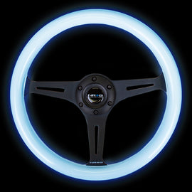 NRG Classic Wood Grain Steering Wheel (350mm) Glow-In-The-Dark Blue Grip w/Black 3-Spoke Center ST-015BK-GL/BL