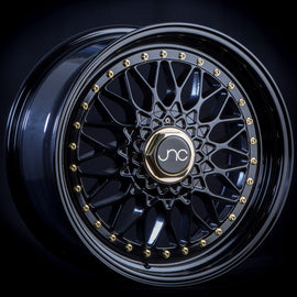 JNC 004 Gloss Black Gold Rivets 17x8.5 4x100/4x114.3 +15 Wheel/Rim 12914653233229