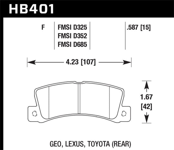Hawk 87 Toyota Corolla FX16 / 92-96 Camry V6 HPS Street Rear Brake Pads HB401F.587