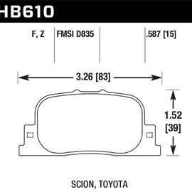 Hawk 05-09 Scion tC / 00-01 Lexus ES300 Performance Ceramic Street Rear Brake Pads HB610Z.587