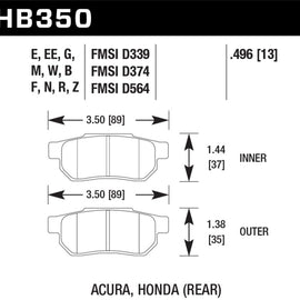 Hawk 90-01 Acura Integra GS/GSR / 93-97 Honda Civic Del Sol Black Race Rear Brake Pads HB350M.496