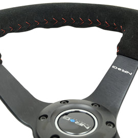 NRG Reinforced Steering Wheel (350mm / 3in. Deep) Blk Suede/Red BBall Stitch w/5mm Matte Blk Spokes RST-036MB-S-RD