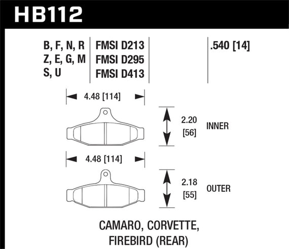 Hawk 85-97 Chevrolet Camaro w/Rear Disc Brakes/84-96 Chevrolet Corvette DTC-70 Race Rear Brake Pads HB112U.540