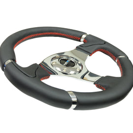 NRG Reinforced Steering Wheel (320mm) Blk Leather/Red Stitching w/Chrome 3-Spoke Center RST-008R