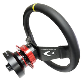 NRG Reinforced Steering Wheel (350mm / 3in Deep) Blk Leather w/NRG Arrow-Cut 2-Spoke & Sgl Yellow CM RST-022R-Y