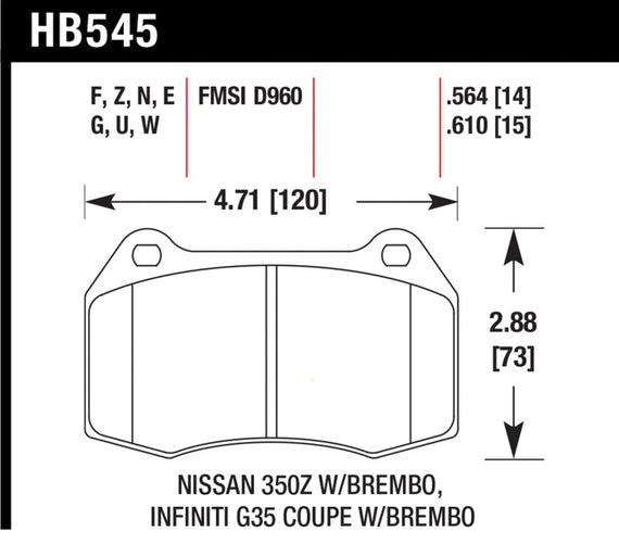Hawk 03-07 G35/ 03-09 350z/03-06 Sentra w/ Brembo DTC-30 Front Brake Pads HB545W.564