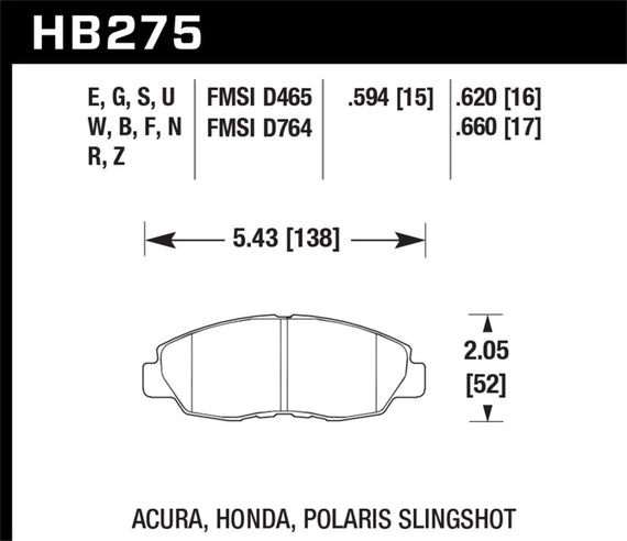 Hawk 93-02 Honda Accord / 96-05 Honda Civic HT-10 Race Front Brake Pads HB275S.620