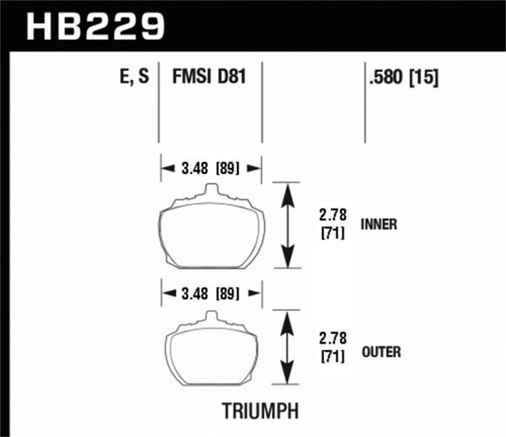 Hawk 70-73 Triumph Stag / 80-82 Triumph TR8 HT-10 Race Front Brake Pads HB229S.580