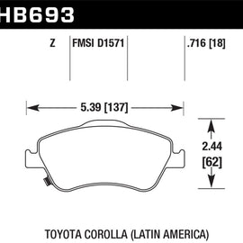 Hawk 07-11 Toyota Corolla (Latin America Models) Performance Ceramic Street Front Brake Pads HB693Z.716