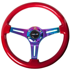 NRG Classic Wood Grain Wheel - 350mm 3 Neochrome spokes - Red grip ST-015MC-RD