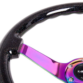 NRG Reinforced Steering Wheel (350mm / 3in. Deep) Classic Blk Sparkle w/4mm Neochrome 3-Spoke Center RST-036BSB-MC