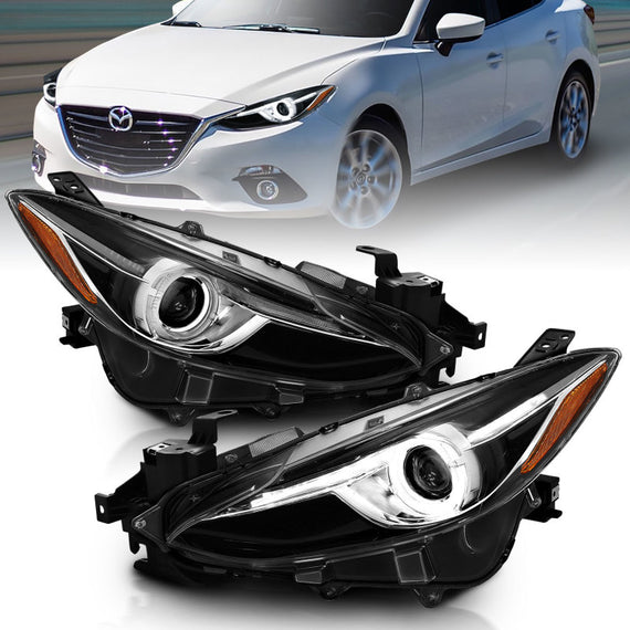 Anzo 121522 Black Amber Led Halogen Bulb Projector Headlights for 14-16 Mazda 3 121522