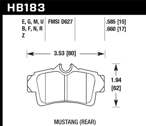94-04 Mustang GT or V6 Hawk High Performance Plus (HP+) Brake Pads (Rear Pair) HB183N.660