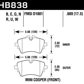 Hawk for 14-17 Mini Cooper S HP+ Front Brake Pads - hawkHB838N.689 HB838N.689