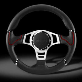 MOMO MILLENIUM SPORT 350MM STEERING WHEEL BLACK LEATHER WITH SILVER SPOKE AND RED ACCENT