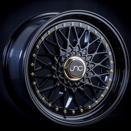 JNC 004 17X8.5 4X100/4X114.3 +15 GLOSS BLACK GOLD RIVETS Wheel/Rim