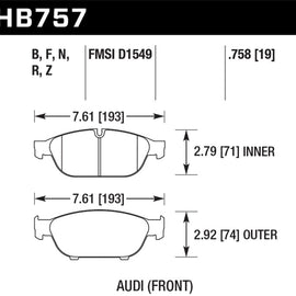 Hawk Audi 2013 A5 Quattro / 12-16 A6 Quattro/A7 Quattro/A8 Quattro HPS Front Brake Pads HB757F.758