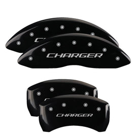 MGP 4 Caliper Covers Engraved Front & Rear Block/Charger Black finish silver ch 12001SCHBBK