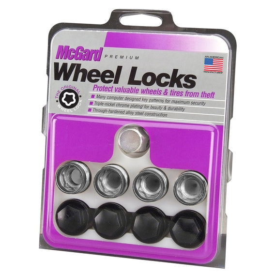 McGard Wheel Lock Set 4pk 14X1.5 NUT RADIUS SEAT, UHC W/BLK CAPS, 19MM HEX, .890