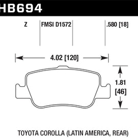 Hawk 09-10 Toyota Corolla XRS Performance Ceramic Rear Street Brake Pads HB694Z.580