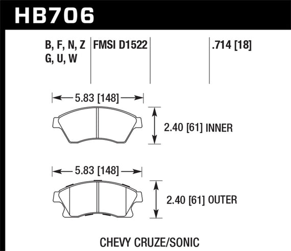Hawk 11-12 Chevy Cruze Eco/LS/1LT/2LT/LTZ / 12 Sonic LS/LT/LTZ DTC-60 Front Race Brake Pads HB706G.714