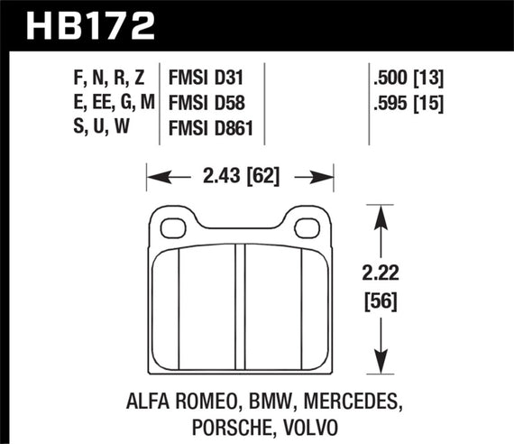 Hawk 63-65 Porsche 356 Front /  69-83 911 / 64-72 912 Rear HT-10 Race Brake Pads HB172S.595