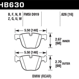 Hawk 04-10 BMW 535i/545i/550i / 04-10 645Ci/650i /02-09 745i/745Li/750  DTC-30 Race Rear Brake Pads HB630W.626