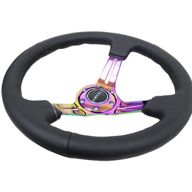 NRG Reinforced Steering Wheel (350mm / 3in. Deep) Blk Leather/Blk Stitch w/Neochrome Slits RST-018R-MCBS