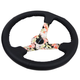 NRG Reinforced Steering Wheel (350mm / 3in. Deep) Blk Leather Floral Dipped w/ Blk Baseball Stitch RST-036FL-R