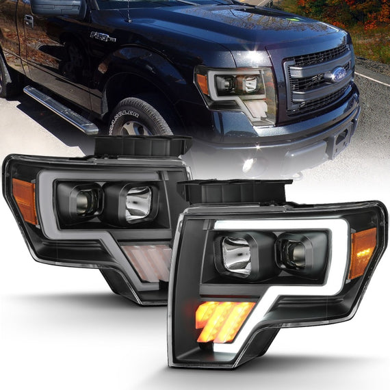 For Ford F-150 09-14 Black U-Bar Projector Headlights w Tri-Bar LED Turn Signal 111445