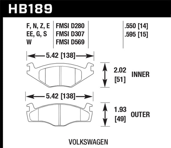 Hawk Blue 9012 Brake Pads Fits Volkswagen HB189E.595 Front HB189E.595