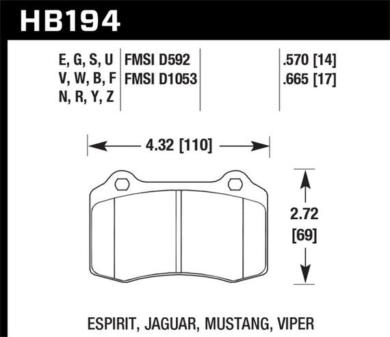 Hawk 96 & 00-02 Dodge Viper GTS/00-02 Viper RT 10 / 00 Mustang SVT Cobra Race Fr HT-10 Brake Pads HB194S.665