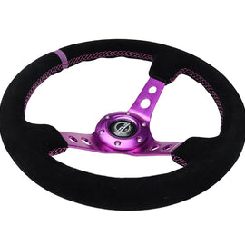 NRG Reinforced Steering Wheel (350mm / 3in. Deep) Black Suede w/Purple Center & Purple Stitching RST-006S-PP