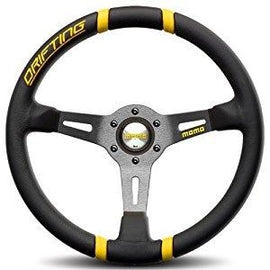 MOMO DRIFTING 350MM STEERING WHEEL BLACK LEATHER WITH YELLOW INSERTS AND BLACK SPOKE
