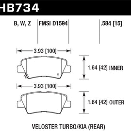 Hawk 13-16 Hyundai Veloster / 13-16 Hyundai Elantra Performance Ceramic Rear Brake Pads HB734Z.584