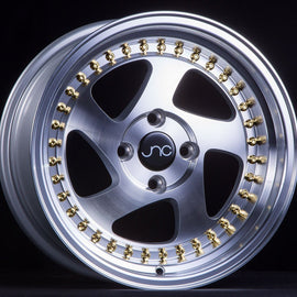 JNC 034 15X8 4X100 +25 SILVER MACHINED FACE GOLD RIVETS Wheel/Rim