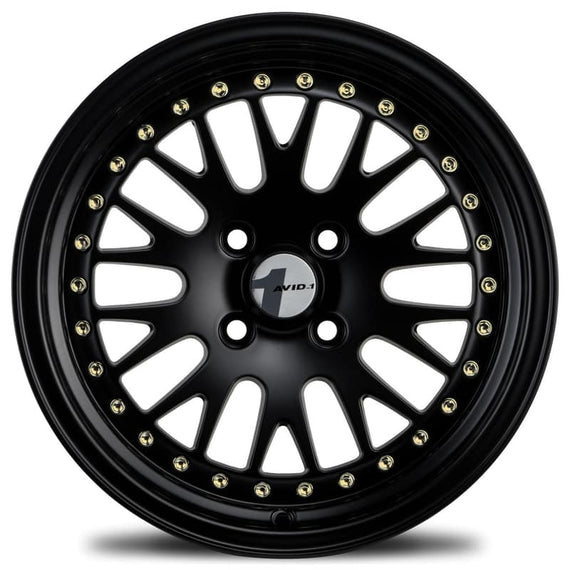 Avid1 AV-12 15x8 4x100 +25 cb73.1 ALL BLACK/ GOLD RIVETS Wheel/Rim AV1215804C25BG