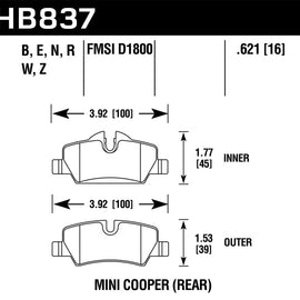 Hawk 14-19 Mini Cooper DTC-30 Rear Motorsports Brake Pads HB837W.621
