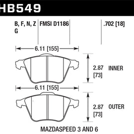 Hawk HPS 5.0 Front Brake Pads for 06-07 Mazdaspeed 6 / 07-13 Mazdaspeed 3 HB549B.702