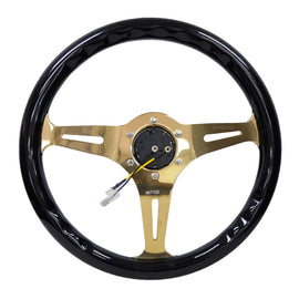 NRG Classic Wood Grain Steering Wheel (350mm) Black Grip w/Chrome Gold 3-Spoke Center ST-015CG-BK