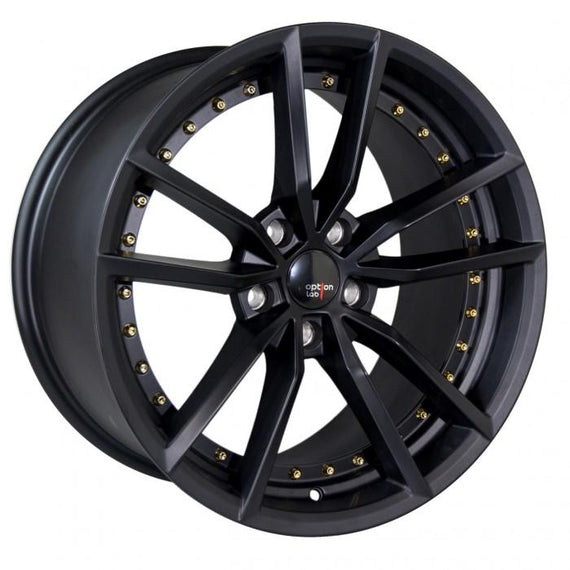 Option Lab S409 18x9.5 5x100 +35 cb73.1 Matte Black w/Gold Rivets Wheel/Rim L09-89580-35-MBG