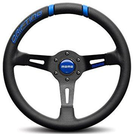 MOMO DRIFTING 330MM STEERING WHEEL BLACK LEATHER WITH BLUE INSERTS AND BLACK SPOKE