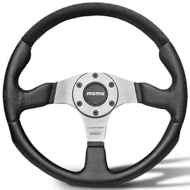 MOMO CHAMPION 350MM STEERING WHEEL BLACK LEATHER WITH SUEDE INSERT AND SILVER SPOKE