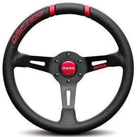MOMO DRIFTING 330MM STEERING WHEEL BLACK LEATHER WITH RED INSERTS AND BLACK SPOKE