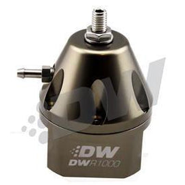 DeatschWerks DWR1000 adjustable fuel pressure regulator, anodized titanium. Dual -6AN inlet and -6AN outlet. Universal fitment